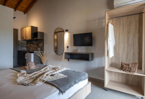 a bedroom with a bed with a mirror and a tv at Erifili at Sarti Beach Apartments & Studios in Sarti