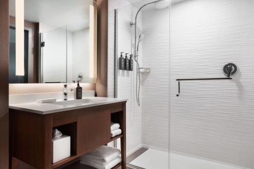 y baño con lavabo y ducha. en Delta Hotels by Marriott Midwest City at the Reed Conference Center en Del City