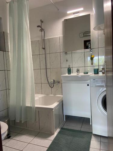 a bathroom with a sink and a washing machine at Family House Ljubica in Trogir