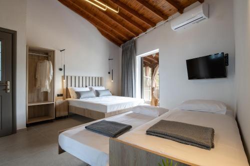 a bedroom with two beds and a flat screen tv at Erifili at Sarti Beach Apartments & Studios in Sarti