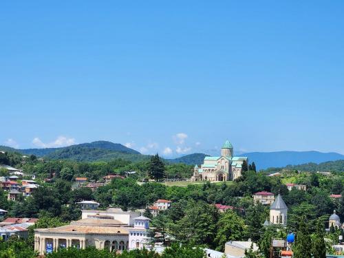 a view of a city with a building on a hill at Seventh Floor Apartment in Kutaisi