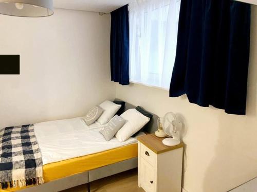 a small bed in a room with a window at Leśne Apartamenty - Pokój Niebieski in Hel
