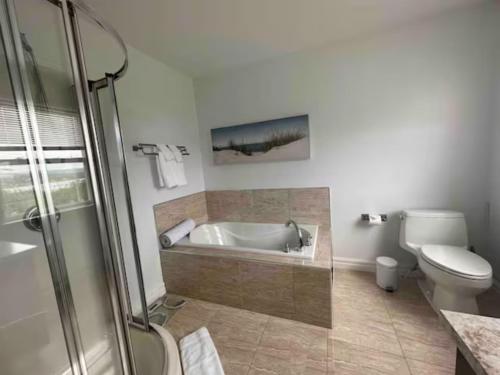 a bathroom with a bath tub and a toilet at Experience Coastal Charm-The Vista At Quidi Vidi! in St. John's