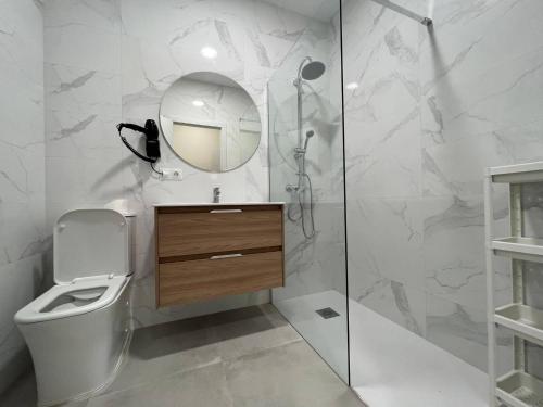 bagno con servizi igienici e specchio di Centro Estudio Trinidad Málaga 3 a Málaga
