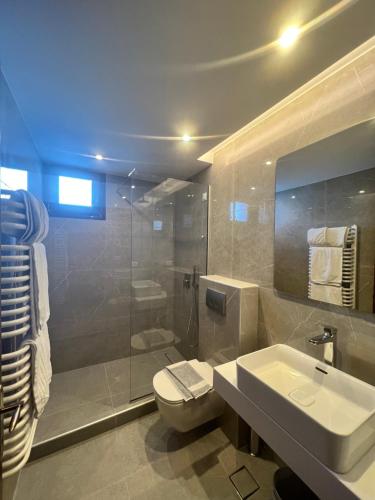 a bathroom with a shower and a toilet and a sink at Kymata Hotel in Platamonas