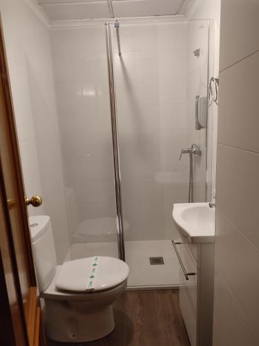 een badkamer met een douche, een toilet en een wastafel bij El Cruce Hornos in Hornos