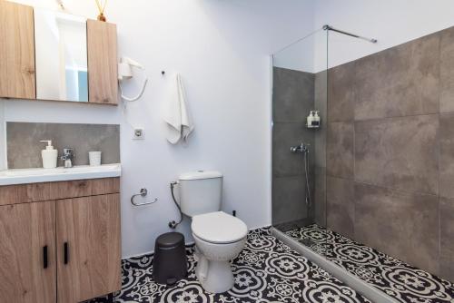 a bathroom with a toilet and a shower at Azure in Tinos in Tinos