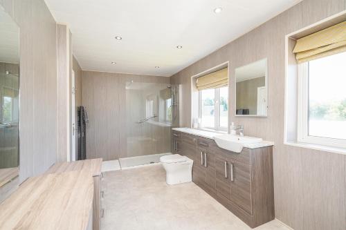 a bathroom with a sink and a toilet and a window at Spa home with pool sauna hottub & cocktail bar in Sheffield