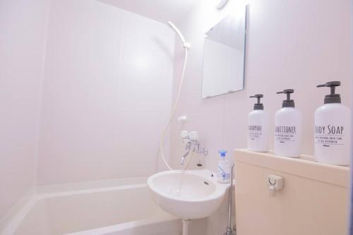 a bathroom with a sink and a toilet and a mirror at 閑静な住宅街_暖かく居心地の良いデザイン YoW-4 in Tokyo
