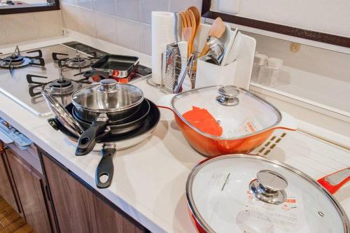 a kitchen counter with two pans and a pot on a stove at THE BLAUBAUM TOYA in Lake Toya
