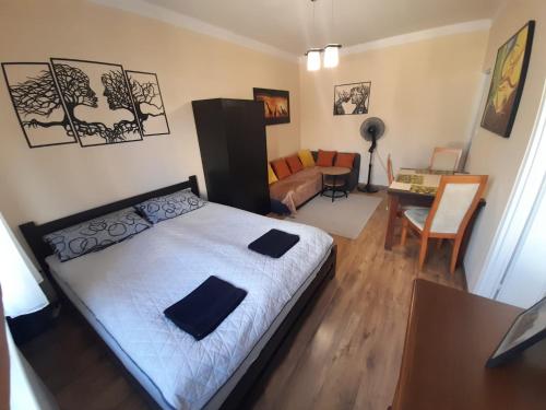 um quarto com uma cama e uma sala de estar em Apartament Garbary em Poznań