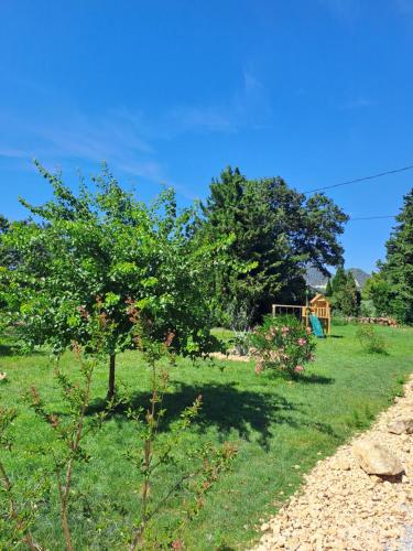 a yard with an apple tree and a playground at Le gîte Calluna in Sablet