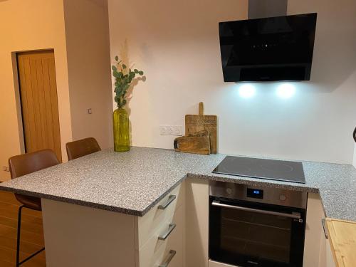 - une cuisine avec un comptoir et un ordinateur portable dans l'établissement Le Jasmin, à Saint-Aignan