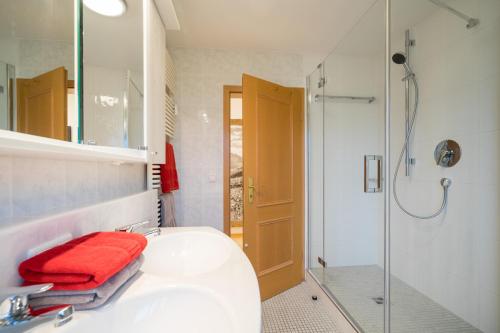 a bathroom with a white sink and a shower at Ferienwohnung Alpentraum-Panorama Chalet in Oberstdorf