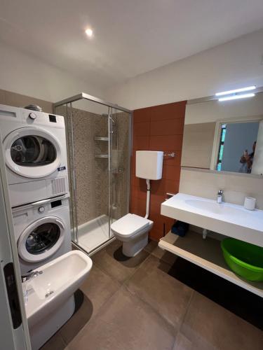 y baño con lavadora, lavamanos y lavadora. en residence Miralago 15 cipat 12727, en Molina di Ledro
