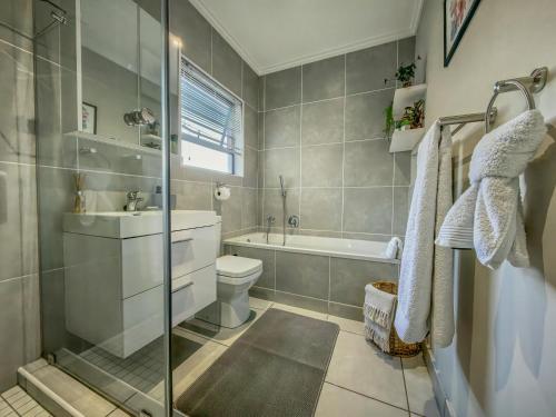 uma casa de banho com um chuveiro, um WC e um lavatório. em Garden Unit Inverter,nespresso,blender,netflix em Joanesburgo