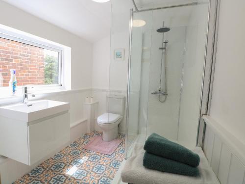 y baño con aseo, lavabo y ducha. en Sole Bay Cottage en Lowestoft