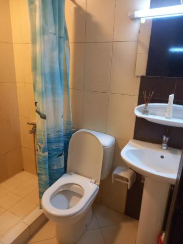 łazienka z toaletą i umywalką w obiekcie golden land w Szardży