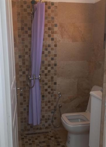 a bathroom with a toilet and a purple shower curtain at Residence djerba 1 in Houmt Souk