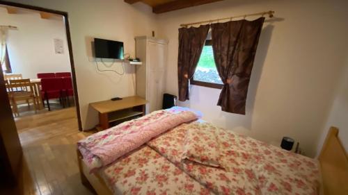 a bedroom with a bed and a window at Casuta din poiana Rau Sadului in Rau Sadului
