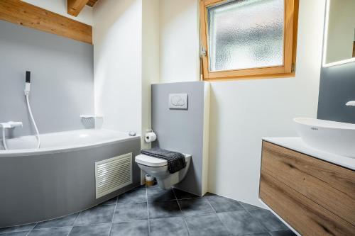 a bathroom with a tub and a toilet and a sink at Fantastic panoramic view home in Zermatt in Zermatt