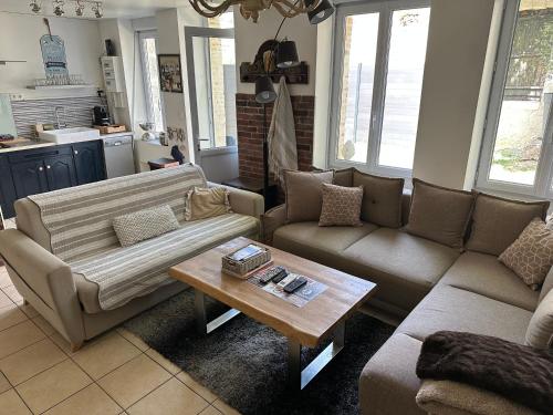 un salon avec deux canapés et une table basse dans l'établissement JOLIE MAISON AVEC JARDIN PRIVE DANS LE CENTRE VILLE DE BRIARE, à Briare