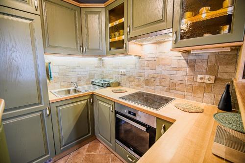 a small kitchen with green cabinets and a sink at ECO Tourist Farm Kostanje in Sevnica