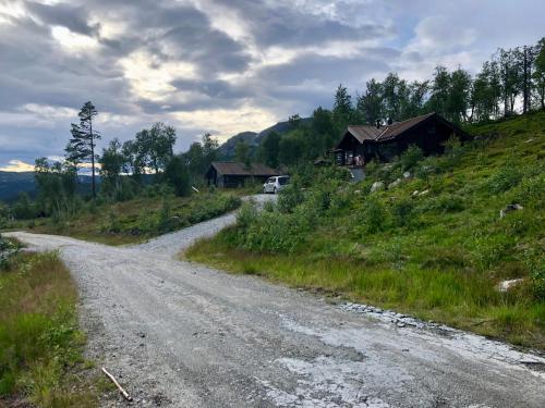 eine unbefestigte Straße neben einem Haus auf einem Hügel in der Unterkunft Hytte på Sørbølfjellet in Flå