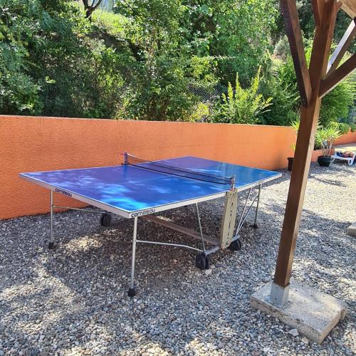 a ping pong table with a blue top on it at Entre mer et montagne in Le Boulou