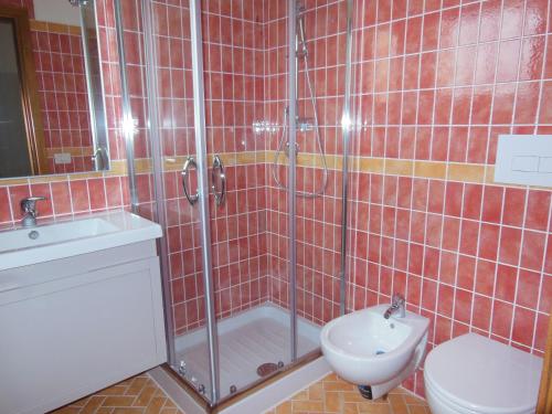 a bathroom with a shower and a toilet and a sink at B&B Pettirosso in San Teodoro
