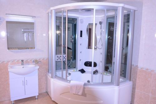 ein Bad mit einer Dusche und einem Waschbecken in der Unterkunft Debredamo Hotel in Addis Abeba