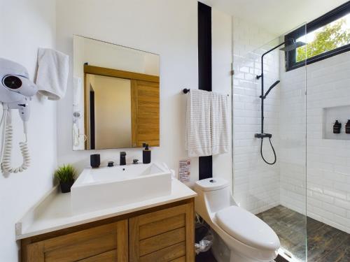 a bathroom with a sink and a toilet and a shower at Casa Kuaan Mani TH 1 in Tulum