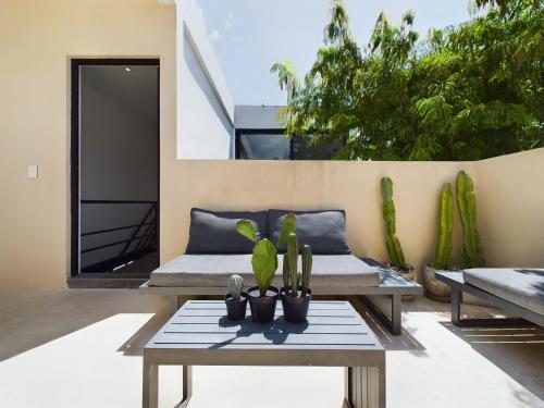 a patio with a table and cactus at Casa Kuaan Mani TH 1 in Tulum