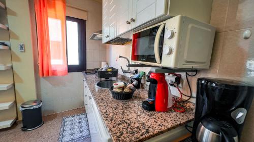 a kitchen with a counter with a microwave and a sink at Apartamentos Mesa in Valle Gran Rey