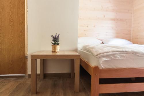 a bedroom with a bed and a table with a plant on it at Vucja Gora in Foča