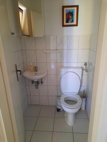 a bathroom with a toilet and a sink at Modern Villa with Garden & Terrace, 13 min to Pula Arena in Pula