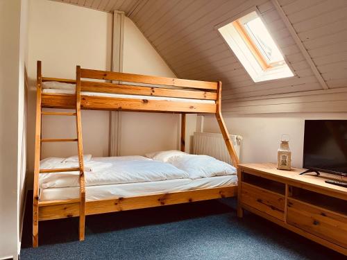 a bedroom with a bunk bed and a television at Chata U Skota in Janov nad Nisou