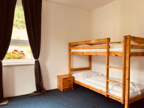 a bedroom with two bunk beds and a window at Chata U Skota in Janov nad Nisou