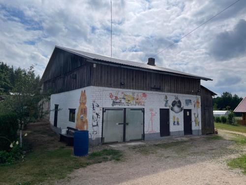 a building with a cat painted on the side of it at Česlovos sodyba in Zarasai