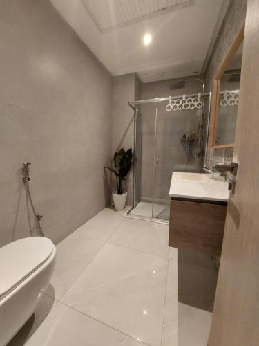 uma casa de banho com um chuveiro, um WC e um lavatório. em Très bel appart climatisé proche de la plage em Agadir
