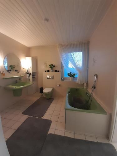 a bathroom with a green tub and a toilet at Willy und Gudrun in Rheda-Wiedenbrück