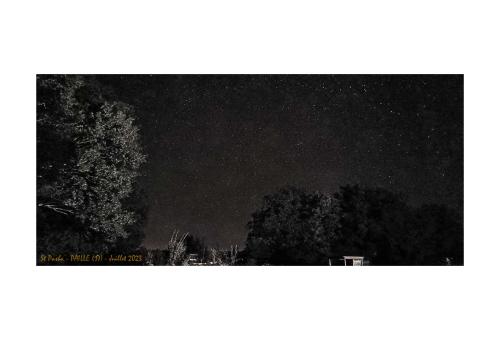 a black and white photo of a night sky with trees at St Pasha in Paillé