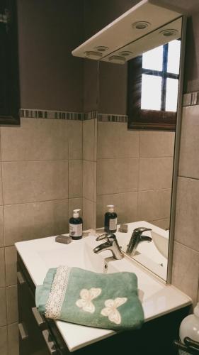 La salle de bains est pourvue d'un lavabo avec miroir et d'une serviette verte. dans l'établissement Liloye, à Bagnères-de-Bigorre