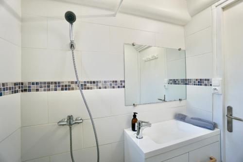 een badkamer met een douche en een wastafel bij L'écume in Concarneau
