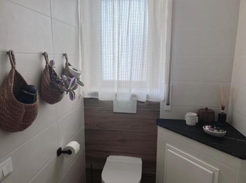 a bathroom with a toilet and a window at Casa Amapola in Follonica