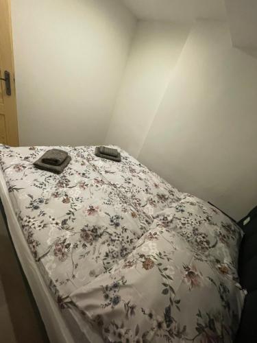 een bed met een bloemensprei en twee voorwerpen erop bij Jagiellońska 7a/1 in Zakopane