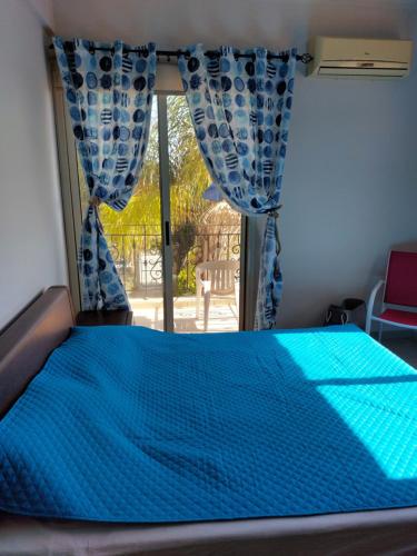 a blue bed in a room with a window at Danitsea vila in Larnaca