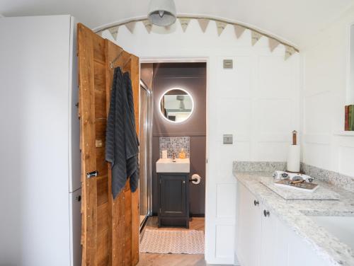 a bathroom with a wooden door and a sink at Shepherds Stone in Holyhead