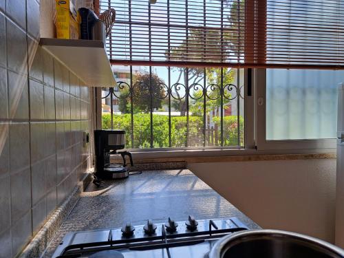 a kitchen with a sink and a window with a view at Adriella apartments in Bibione