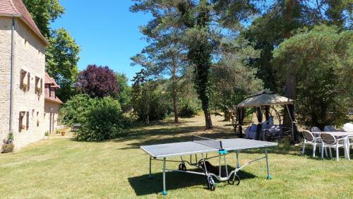 a ping pong table in the yard of a house at Ferme des Petites Oreilles 4 étoiles in Montignac